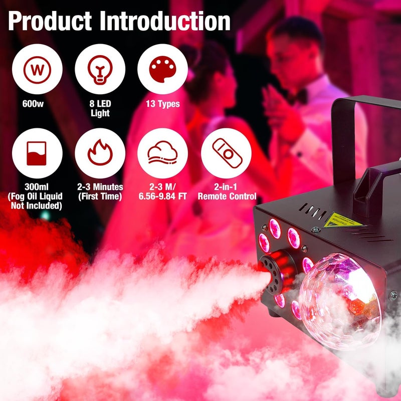 JIYUZEST Fog Machine with Remote, Indoor Smoke Machine for Halloween & Parties, 600W 2000CFM, 13 Color LED Lights & Timer for DJ Stage, Wedding, Photography - Image 2